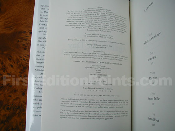 Picture of the first edition copyright page for Against the Day. 