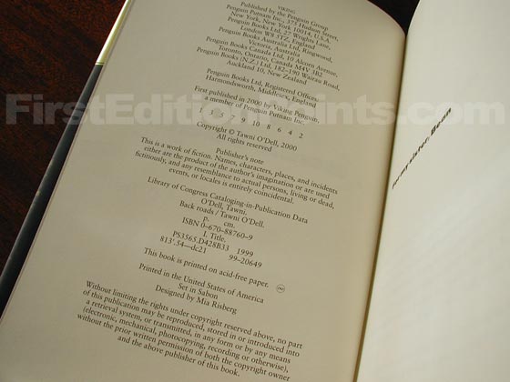 Picture of the first edition copyright page for Back Roads. 