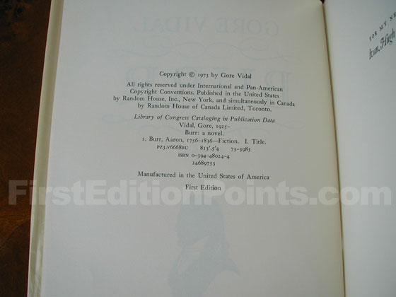 Picture of the first edition copyright page for Burr. 