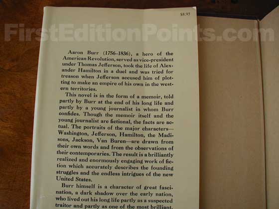 Picture of dust jacket where original $8.95 price is found for Burr. 