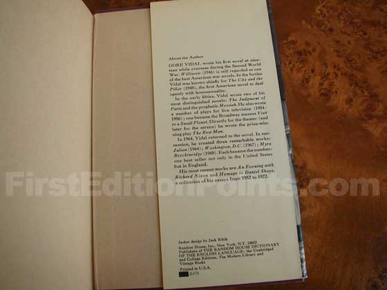 Picture of the back dust jacket flap for the first edition of Burr. 