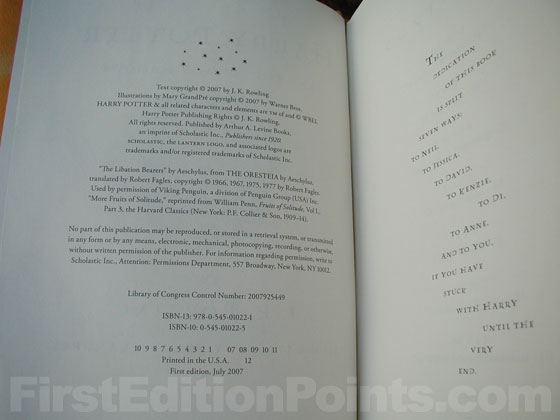 Picture of the first edition copyright page for Harry Potter and the Deathly Hallows 