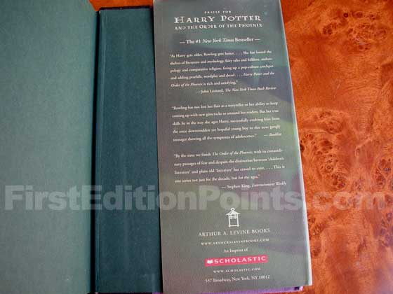 Picture of the back dust jacket flap for the first edition of Harry Potter and the 