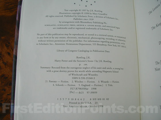Picture of the first edition copyright page for Harry Potter and the Sorcerer's Stone 