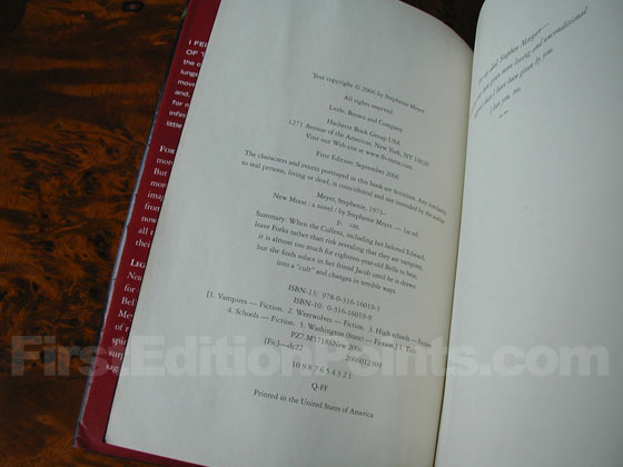 Picture of the first edition copyright page for New Moon. 