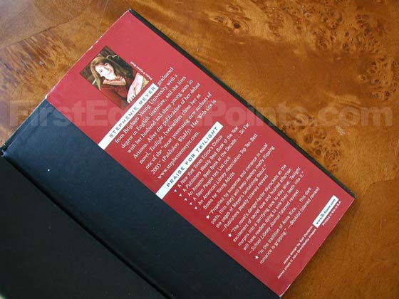 Picture of the back dust jacket flap for the first edition of New Moon. 
