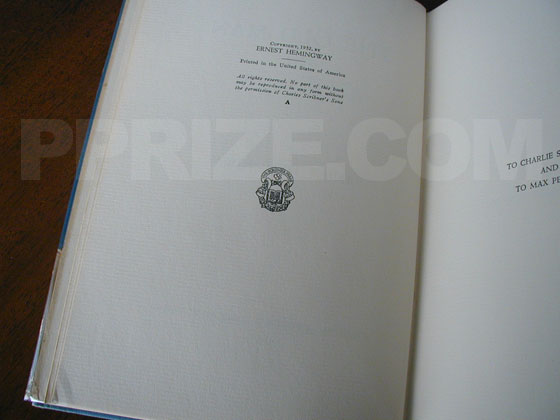 Picture of the first edition copyright page for The Old Man and the Sea. 