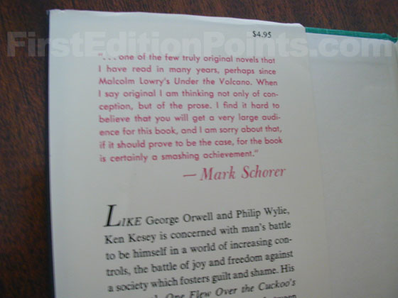 Picture of dust jacket where original $4.95 price is found for One Flew Over the 