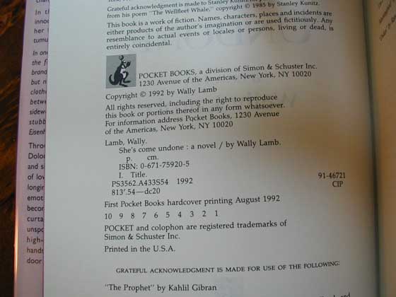 Picture of the first edition copyright page for She's Come Undone. 