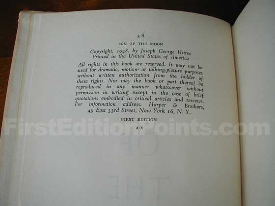 Picture of the first edition copyright page for Son of the Moon. 