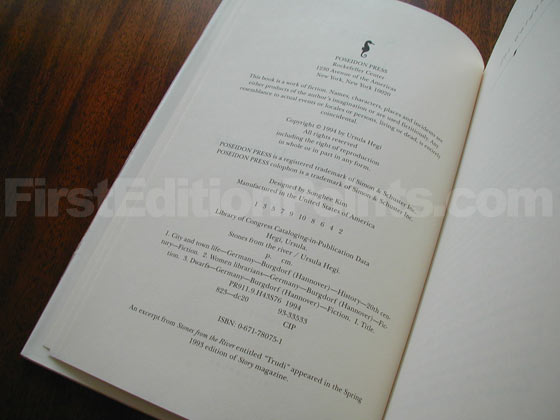 Picture of the first edition copyright page for Stones from the River. 