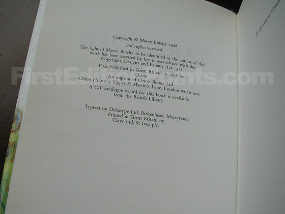 Picture of the first edition copyright page for Tara Road. 