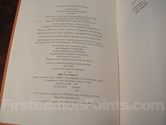 Picture of the first edition copyright page for The Bear Comes Home. 