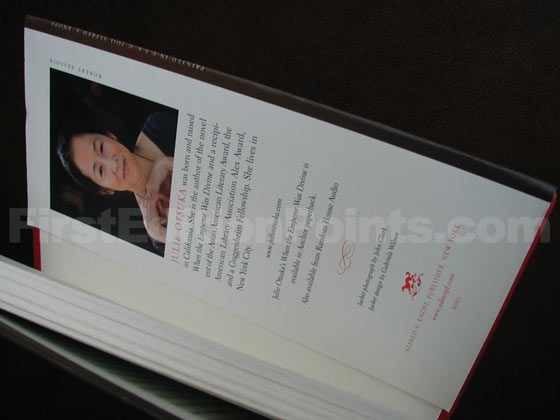 Picture of the back dust jacket flap for the first edition of The Buddha in the Attic. 