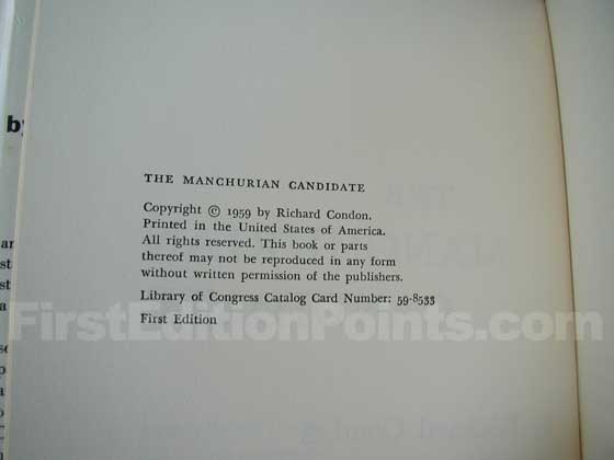 Picture of the first edition copyright page for The Manchurian Candidate. 