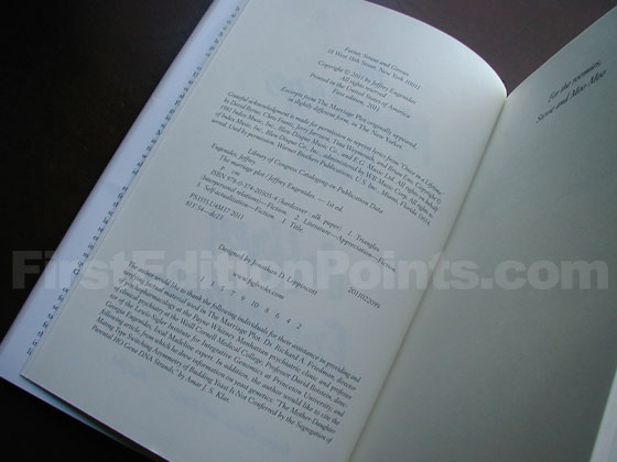 Picture of the first edition copyright page for The Marriage Plot. 