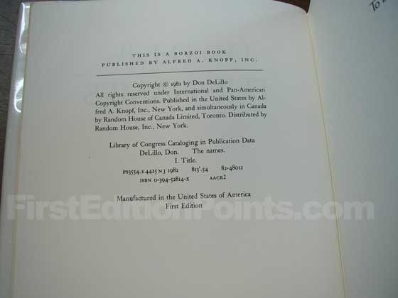 Picture of the first edition copyright page for The Names. 