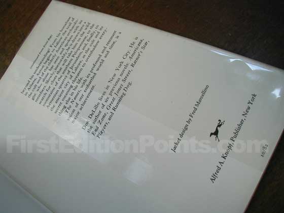 Picture of the back dust jacket flap for the first edition of The Names. 