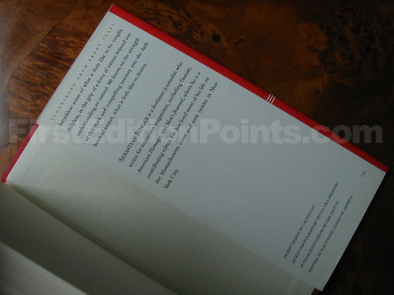 Picture of the back dust jacket flap for the first edition of The Perfect Storm. 