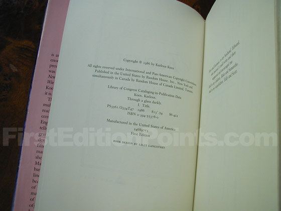 Picture of the first edition copyright page for Through a Glass Darkly. 